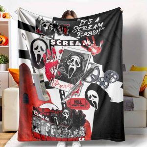 Scream Movie Flannel Blanket, Ghostface Killer Inspired Print, UltraSoft, Cozy and Warm, Perfect as Halloween Decor, Movie Nights, Scary Theme Parties, Dorm Room Essential, or Spooky Gift Idea.